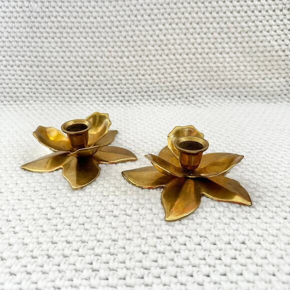 Vintage Unmarked Brass Gold Tone Lotus Flower Tapered Candle Holders Set of 2 - Picture 1 of 5